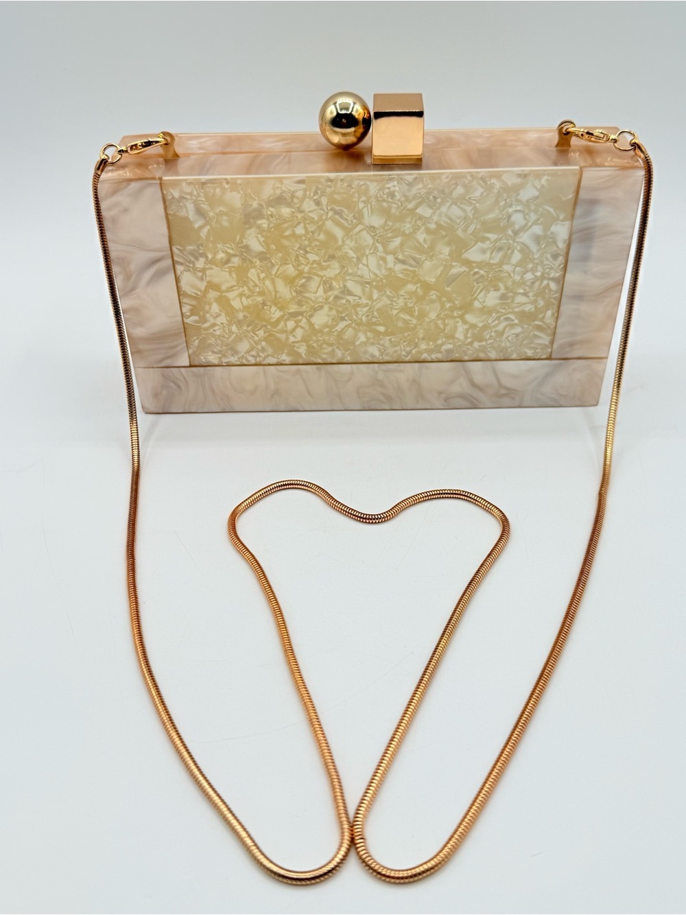 Lucite Style Acrylic Box Clutch Pearl Marbled Evening Bag Gold Chain Strap